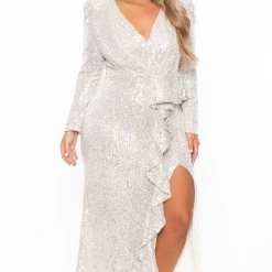 Ricarica Plus Size Kristin Long Sleeves Sequins Gown - Cream New Arrivals