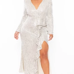 Ricarica Plus Size Kristin Long Sleeves Sequins Gown - Cream New Arrivals