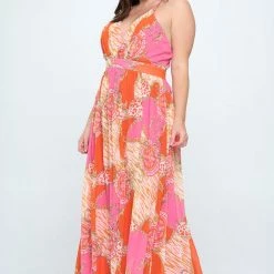 Ricarica Plus Size Svana Abstract Maxi Dress- Pink New Arrivals