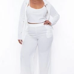 ROSEVELVET Plus Size Ribbed Hoodie Cami And Jogger Set - Ivory