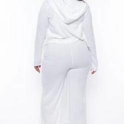 ROSEVELVET Plus Size Ribbed Hoodie Cami And Jogger Set - Ivory