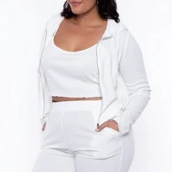 ROSEVELVET Plus Size Ribbed Hoodie Cami And Jogger Set - Ivory