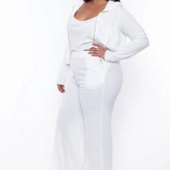 ROSEVELVET Plus Size Ribbed Hoodie Cami And Jogger Set - Ivory