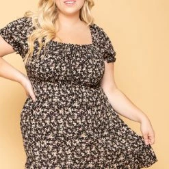 Sky Plus Plus Size Freesia Smocked Floral Dress - Black