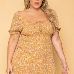 Sky Plus Plus Size Freesia Smocked Floral Dress - Mustard New Arrivals