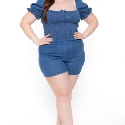 Sky Plus Party Jumpsuilts Plus Size Julianne Denim Romper - Medium Wash