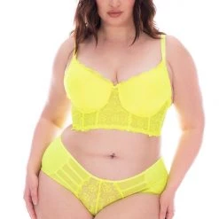 Smile Lingerie Plus Size Balconette Lace Bralette & Panty Set - Neon Yellow Back In Stock