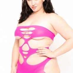 Smile Lingerie Plus Size Cutout Bodystocking Lingerie - Hot Pink