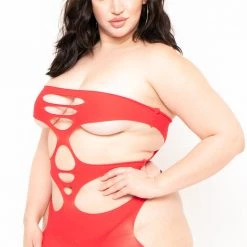 Smile Lingerie Plus Size Cutout Bodystocking Lingerie - Red Intimates
