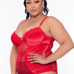 Smile Lingerie Plus Size Lulu Velvet Lace Lingerie - Red