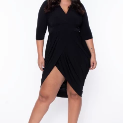 Solid Back In Stock Plus Size Clarissa Asymmetric Drape Dress - Black