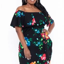 SOLID Plus Size Luisa Floral Ruffle Dress- Black