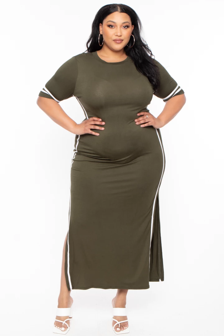 Solid Dresses Plus Size Varsity Stripe Maxi Dress - Olive 3 Solid Dresses Plus Size Varsity Stripe Maxi Dress - Olive