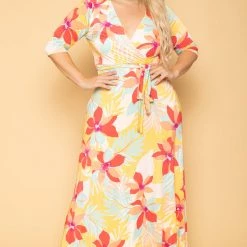 Solid Plus Size Kia Tropical Floral Maxi Dress- Orange