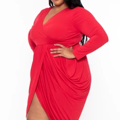 SOLID Plus Size Clarissa Asymmetric Drape Dress - Red Party Shop