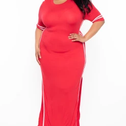 Solid Plus Size Varsity Stripe Maxi Dress - Red