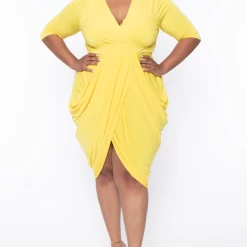 Solid Dresses Plus Size Clarissa Asymmetric Drape Dress - Yellow