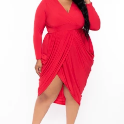 SOLID Plus Size Clarissa Asymmetric Drape Dress - Red Party Shop