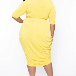 Solid Dresses Plus Size Clarissa Asymmetric Drape Dress - Yellow