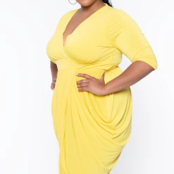 Solid Dresses Plus Size Clarissa Asymmetric Drape Dress - Yellow