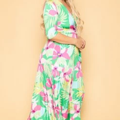 Solid Plus Size Kia Tropical Floral Maxi Dress- Green