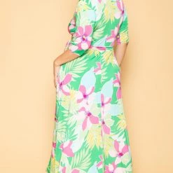 Solid Plus Size Kia Tropical Floral Maxi Dress- Green