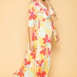 Solid Plus Size Kia Tropical Floral Maxi Dress- Orange