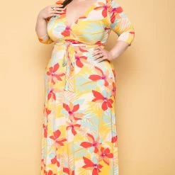 Solid Plus Size Kia Tropical Floral Maxi Dress- Orange