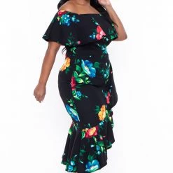 SOLID Plus Size Luisa Floral Ruffle Dress- Black