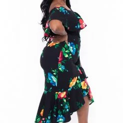 SOLID Plus Size Luisa Floral Ruffle Dress- Black
