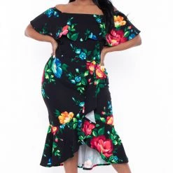 SOLID Plus Size Luisa Floral Ruffle Dress- Black