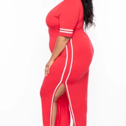 Solid Plus Size Varsity Stripe Maxi Dress - Red