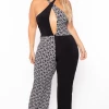 Solid Plus Size Halter Rings Print Jumpsuit - Black