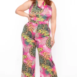 Solid Party Jumpsuilts Plus Size Medallion Halter Tie-Back Jumpsuit - Fuschia