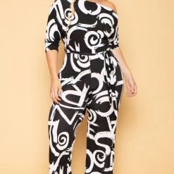 SOLID Plus Size Adina Off Shoulder Jumpsuit - Black/White New Arrivals