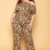 SOLID Plus Size Leopard Off Shoulder Jumpsuit - Taupe