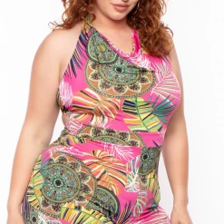 Solid Party Jumpsuilts Plus Size Medallion Halter Tie-Back Jumpsuit - Fuschia