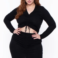 Solid Plus Size Kika Crop Top & Skirt Set - Black Matching Sets
