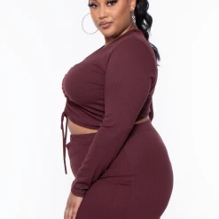 Solid Matching Sets Plus Size Kika Crop Top & Skirt Set - Red Brown