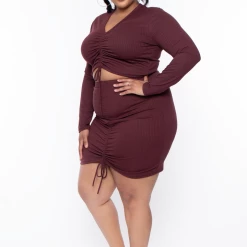 Solid Matching Sets Plus Size Kika Crop Top & Skirt Set - Red Brown