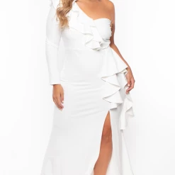 SYMPHONY Plus Size Riku Asymmetric Ruffle Gown - Ivory Party Shop