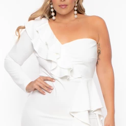 SYMPHONY Plus Size Riku Asymmetric Ruffle Gown - Ivory Party Shop