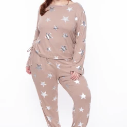 SYMPHONY Plus Size Stars Cozy Tracksuit Set - Mocha Matching Sets