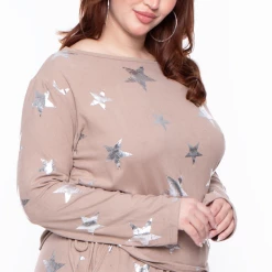 SYMPHONY Plus Size Stars Cozy Tracksuit Set - Mocha Matching Sets