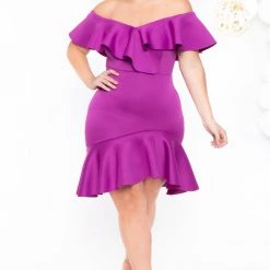 Va Va Voom Plus Size Liesel Ruffle Dress- Magenta Dresses