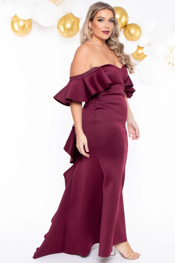 Va Va Voom Plus Size Wendy Ruffle Tail Gown- Burgundy Dresses 6 Va Va Voom Plus Size Wendy Ruffle Tail Gown- Burgundy Dresses