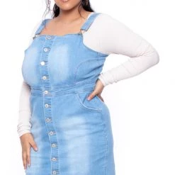 Wax Jean Dresses Plus Size Button-Front Overall Dress - Light Wash