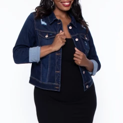 Wax Jean Plus Size Crop Destructed Denim Jacket - Dark Wash