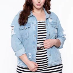 Wax Jean Plus Size Destroyed Denim Jacket - Light Wash Outerwear