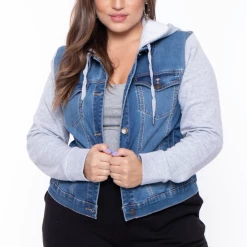 Wax Jean Plus Size Denim Hoodie Trucker Jacket - Medium Wash Outerwear